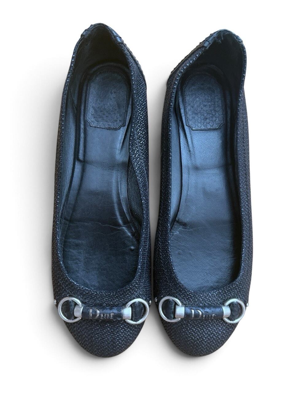 Christian Dior Black Woven Leather Ballet Flats 39.5 Dior Logo Horsebit Italy 9